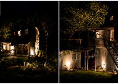 Side-by-side nighttime photos of a modern house with warm outdoor lighting. The left image shows the front entrance; the right shows the side view with stairs, a balcony, and illuminated trees and garden.